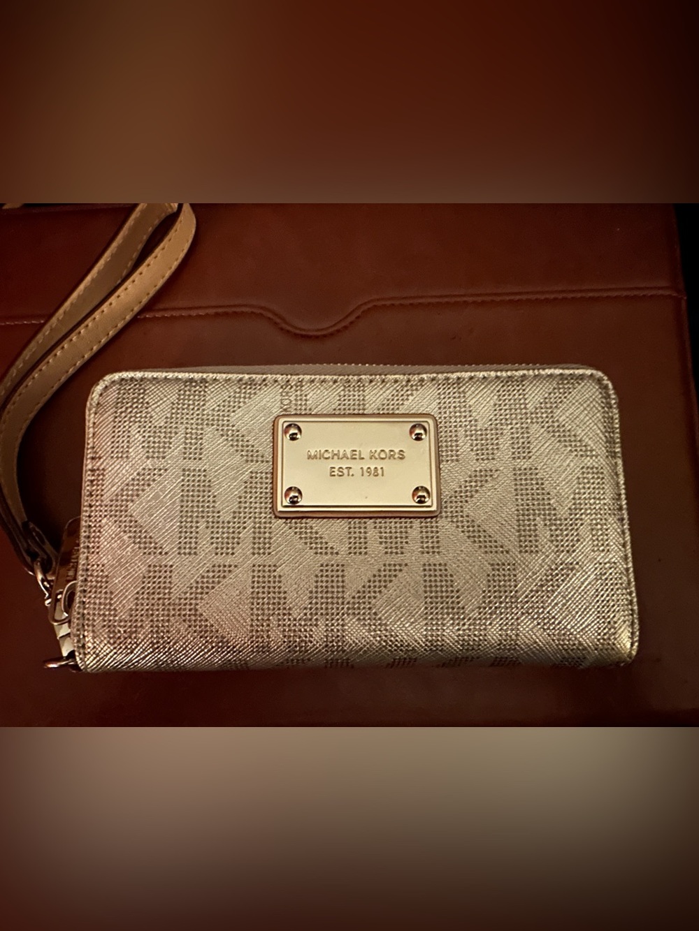 Michael Kors Metallic Mirrored MK Logo Zip around wristlet/wallet